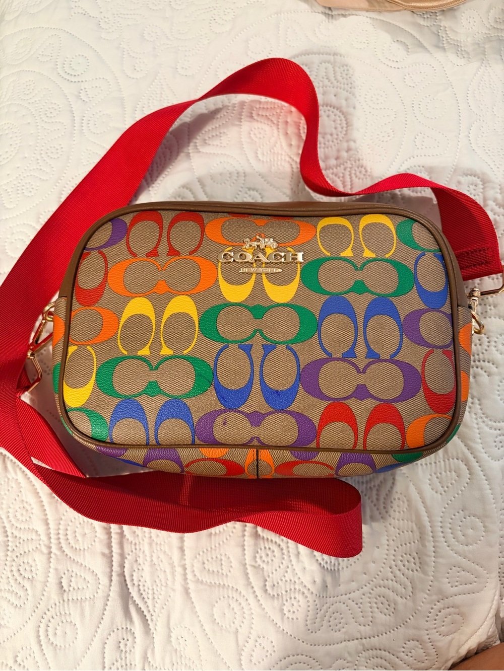 COACH Multicolor Signature 'C' Canvas Crossbody with Red Strap